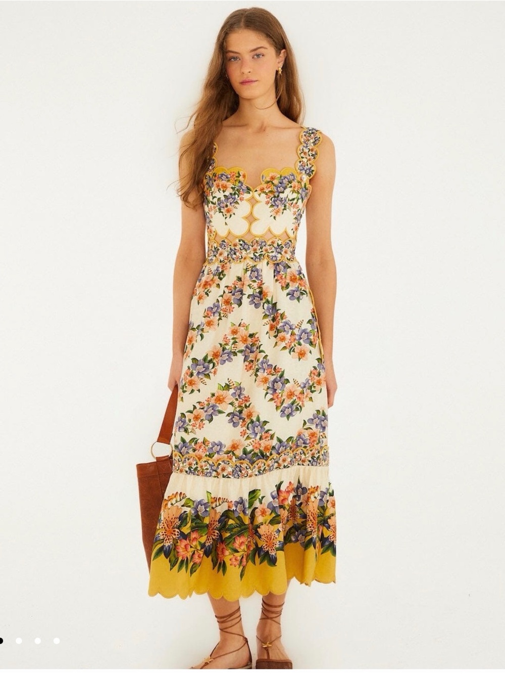 FARM Rio Cream Floral Midi Dress with Yellow Scalloped Hem